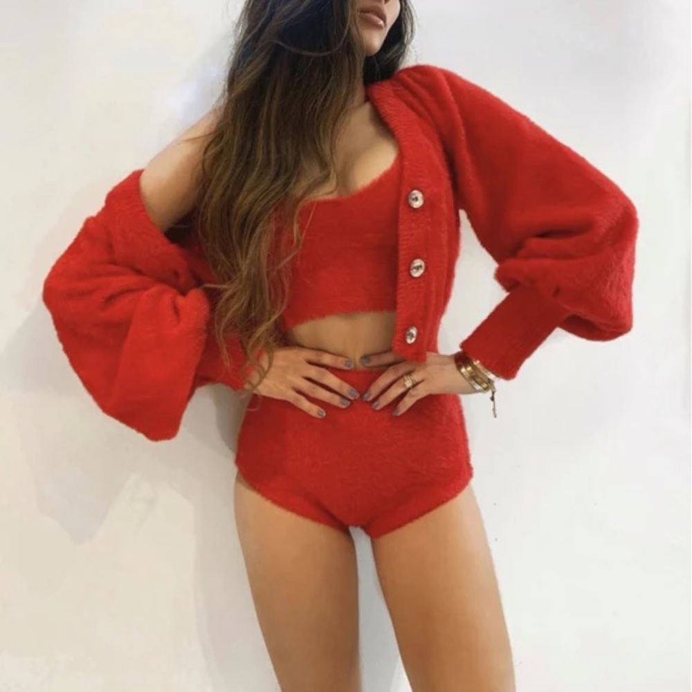 For Love and Lemons Red Fuzzy Fiona Cardigan